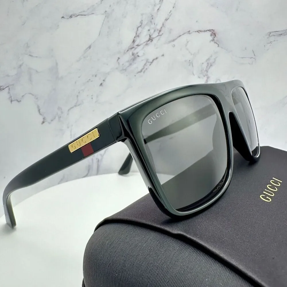 New GUCCI Sunglasses Black Square Aviator Gold Plate Engraved Logo Web Arm GUCCI